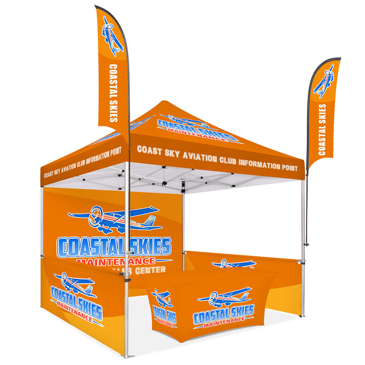 Custom Canopy Tent with Full Back, Half Side Walls, Feather Flags & Table Cover - Premium Outdoor Event Setup