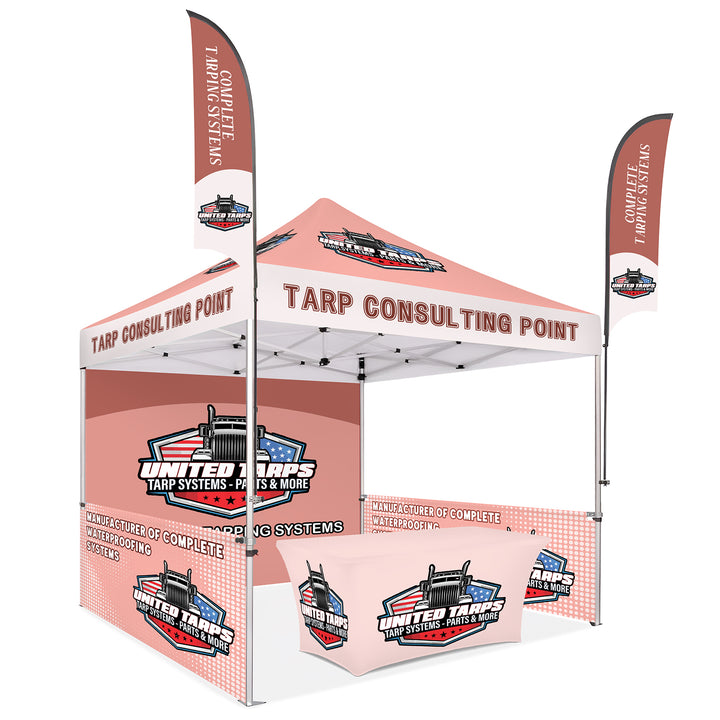 Custom Canopy Tent with Full Back, Half Side Walls, Feather Flags & Table Cover - Premium Outdoor Event Setup