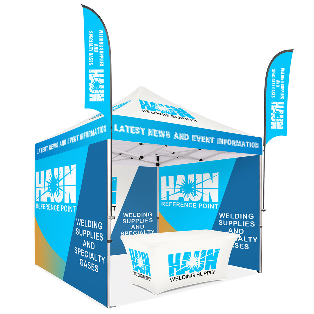 Custom Canopy Tent with Three Back Walls, Feather Flags & Table Cover - Ultimate Branding Solution for Outdoor Events