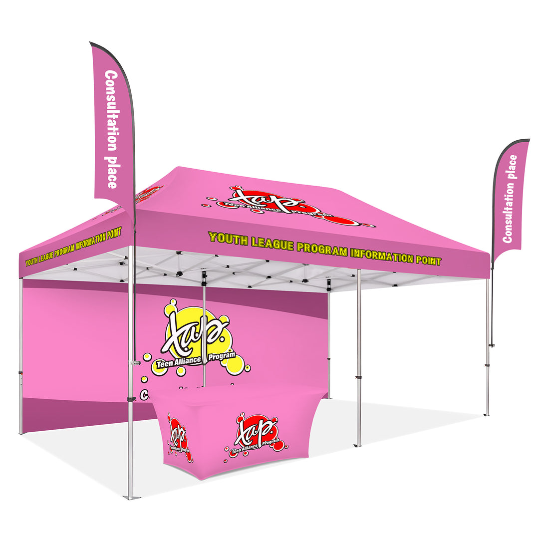 Custom Printed Canopy Tent with Back Wall, Feather Flags & Table Cover - Ultimate Outdoor Branding Package