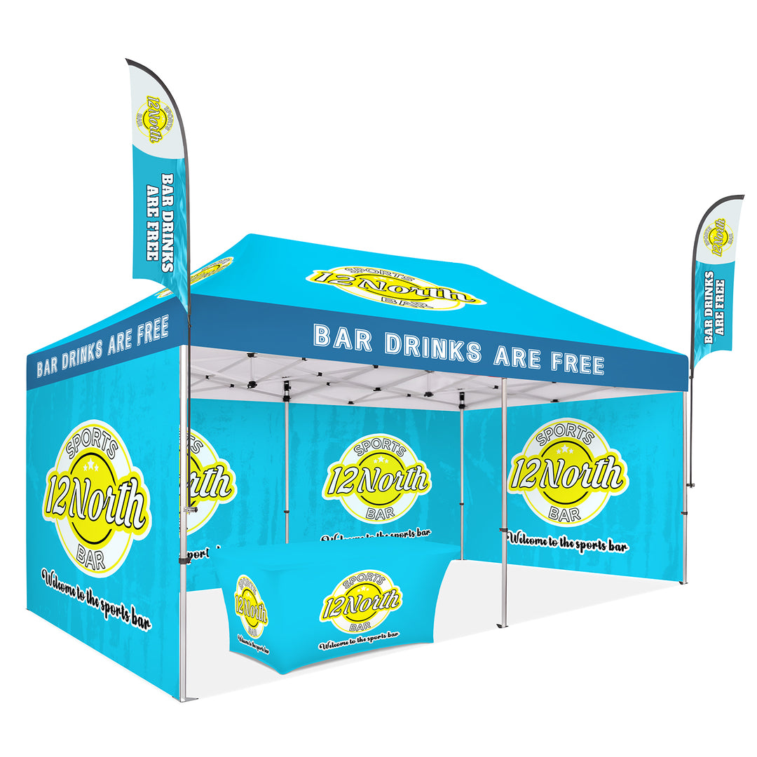 Custom Canopy Tent with Three Back Walls, Feather Flags & Table Cover - Ultimate Branding Solution for Outdoor Events